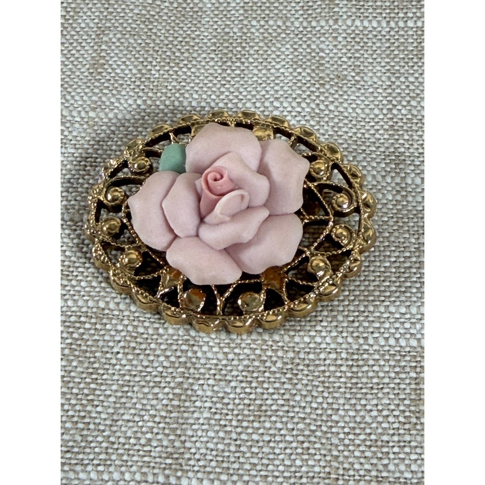 Vintage Pink Rose Brooch Gold Tone Filigree Floral Pin Cottagecore